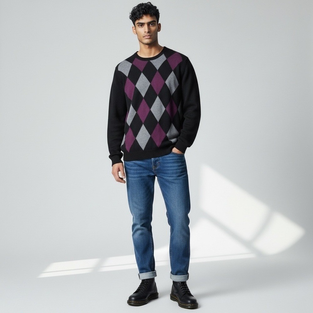 Saddlebred Mens XXL Purple Gray Argyle Crewneck Long Sleeve Harlequin Sweater